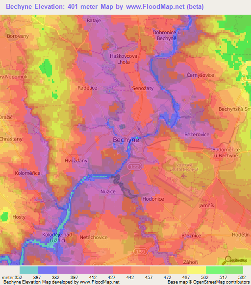 Bechyne,Czech Republic Elevation Map