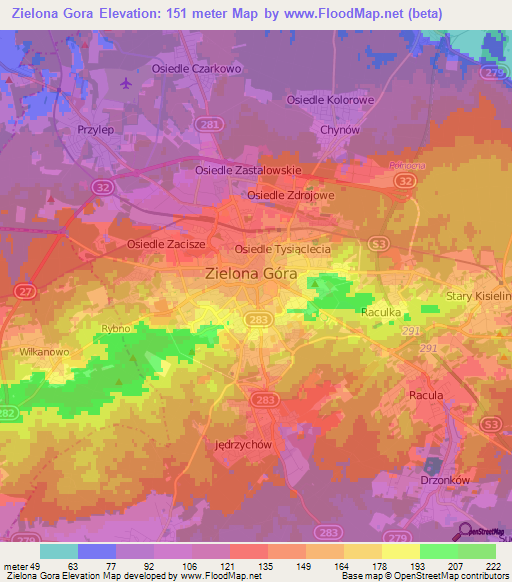 Zielona Gora,Poland Elevation Map