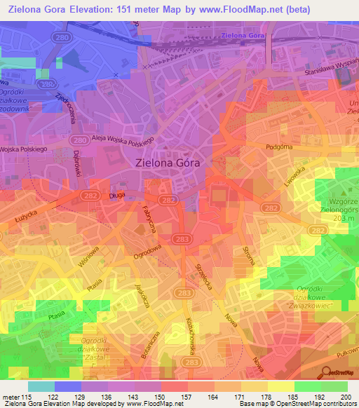 Zielona Gora,Poland Elevation Map