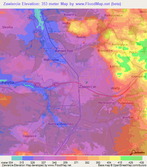 Zawiercie,Poland Elevation Map