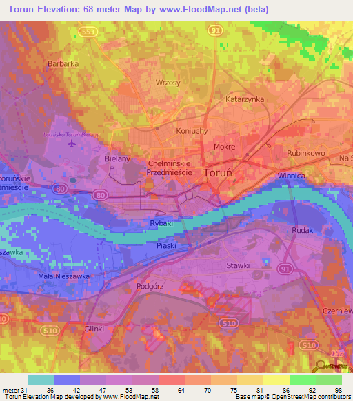 Torun,Poland Elevation Map