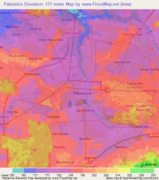 Pabianice,Poland Elevation Map