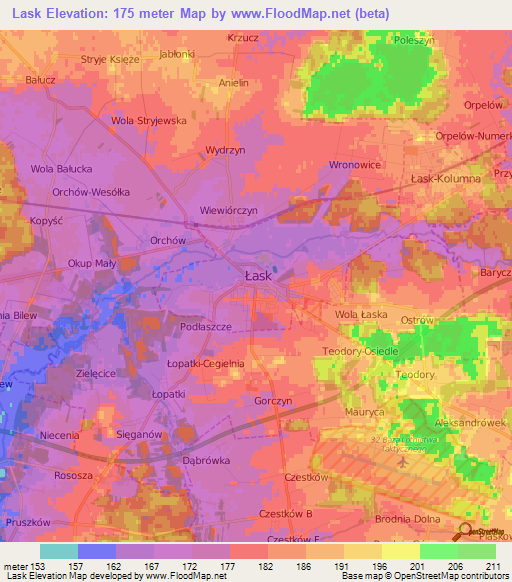 Lask,Poland Elevation Map