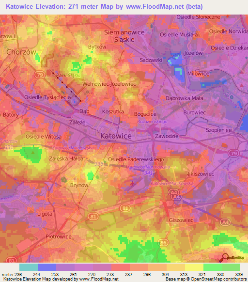 Katowice,Poland Elevation Map