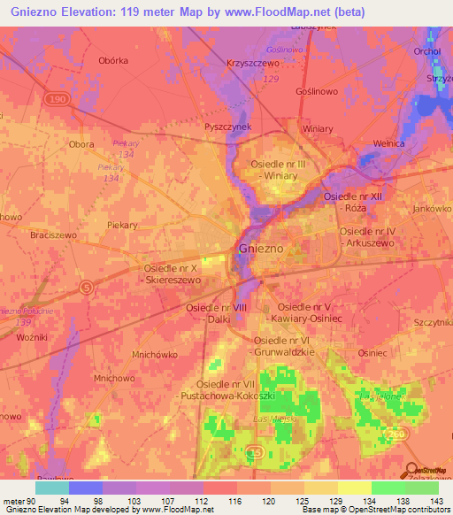 Gniezno,Poland Elevation Map