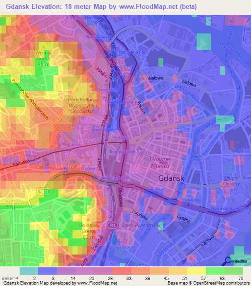 Gdansk,Poland Elevation Map
