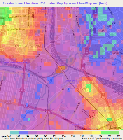 Czestochowa,Poland Elevation Map