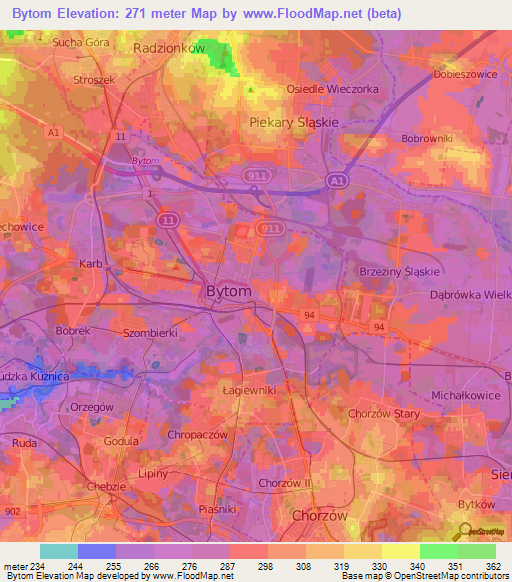 Bytom,Poland Elevation Map
