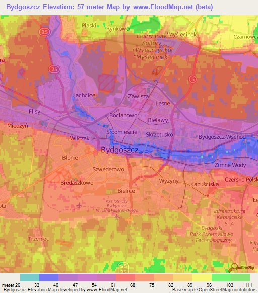 Bydgoszcz,Poland Elevation Map