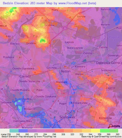 Bedzin,Poland Elevation Map