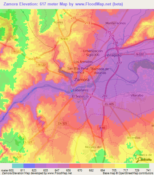 Zamora,Spain Elevation Map
