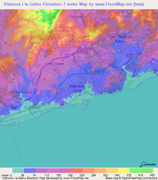 Vilanova i la Geltru,Spain Elevation Map