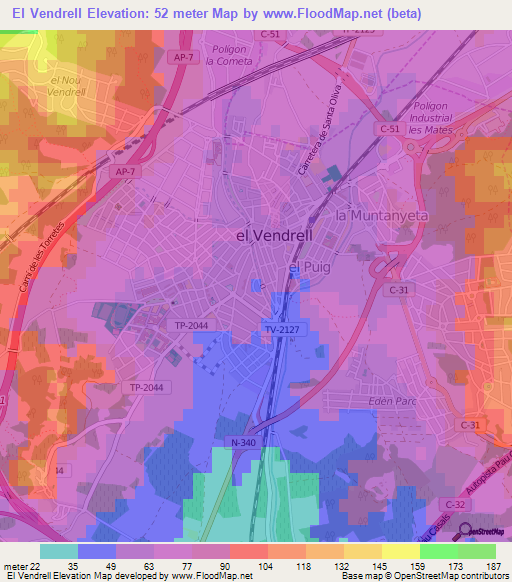 El Vendrell,Spain Elevation Map