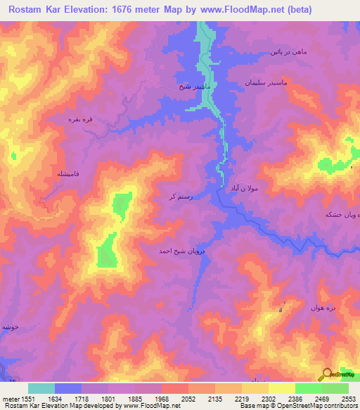 Rostam Kar,Iran Elevation Map