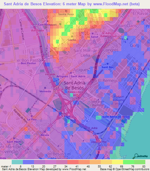 Sant Adria de Besos,Spain Elevation Map