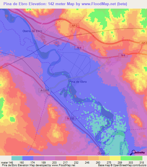 Pina de Ebro,Spain Elevation Map