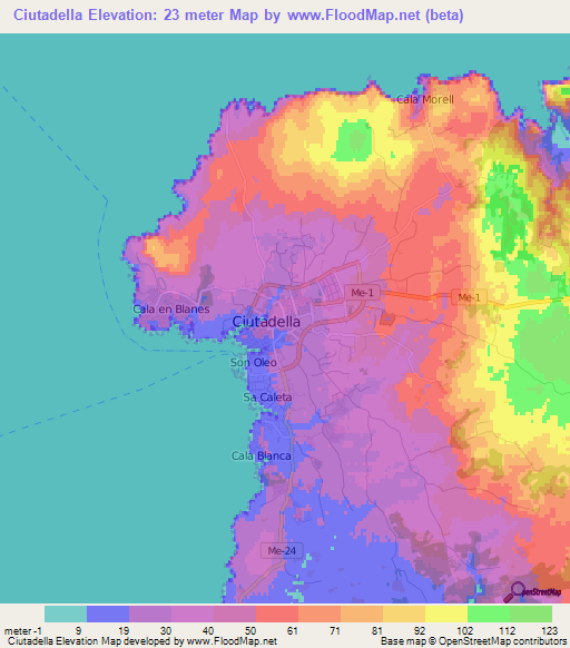 Ciutadella,Spain Elevation Map
