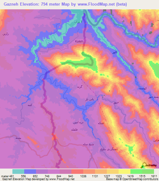 Gazneh,Iran Elevation Map