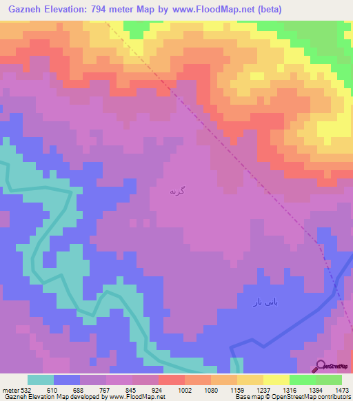 Gazneh,Iran Elevation Map