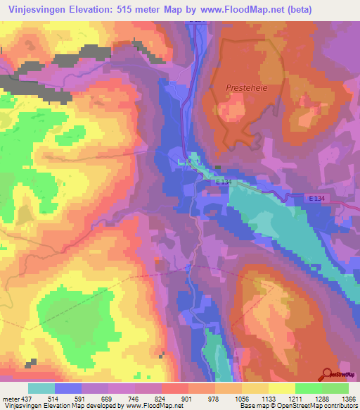 Vinjesvingen,Norway Elevation Map