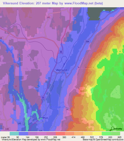 Vikersund,Norway Elevation Map