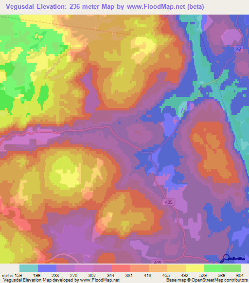 Vegusdal,Norway Elevation Map