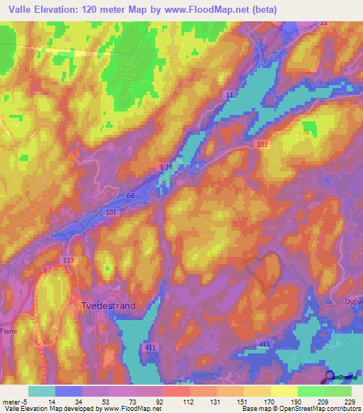 Valle,Norway Elevation Map