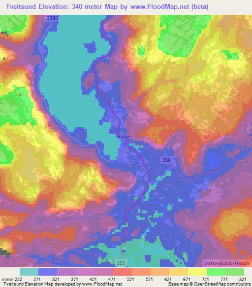 Tveitsund,Norway Elevation Map