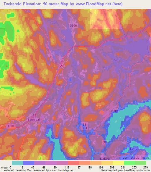 Tveitereid,Norway Elevation Map