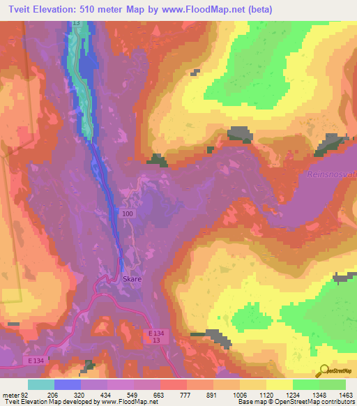 Tveit,Norway Elevation Map