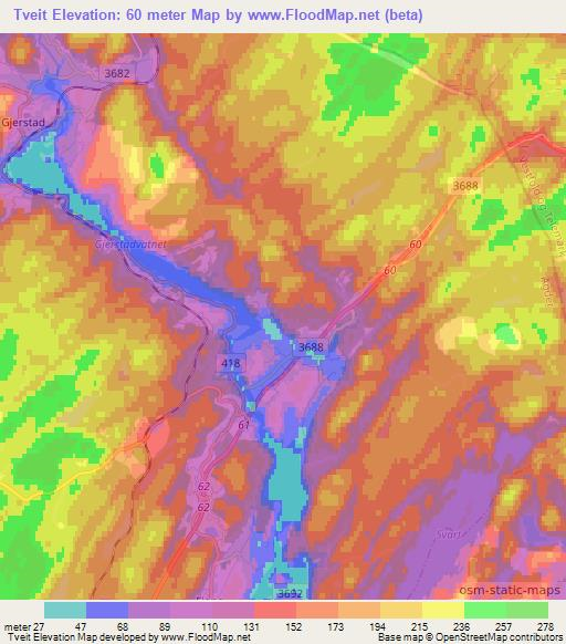 Tveit,Norway Elevation Map