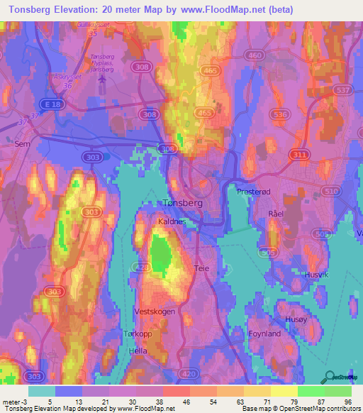 Tonsberg,Norway Elevation Map