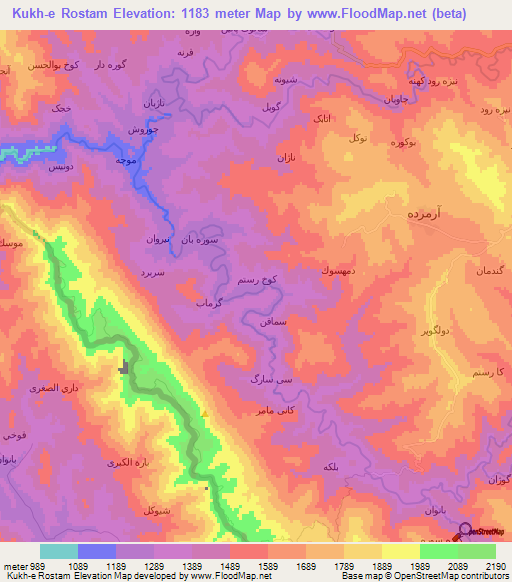 Kukh-e Rostam,Iran Elevation Map