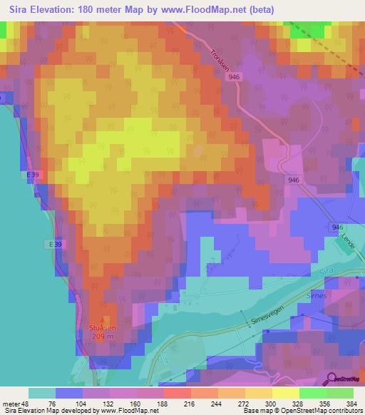 Sira,Norway Elevation Map