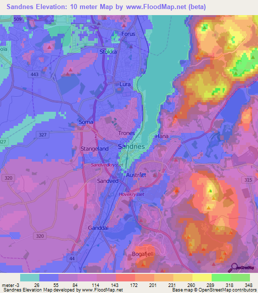 Sandnes,Norway Elevation Map