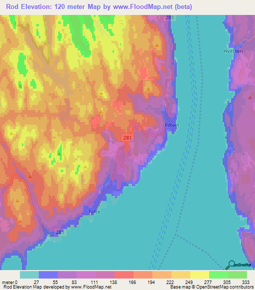 Rod,Norway Elevation Map