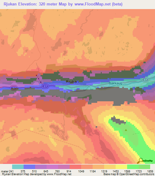 Rjukan,Norway Elevation Map