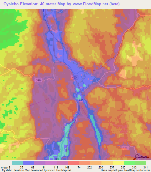 Oyslebo,Norway Elevation Map