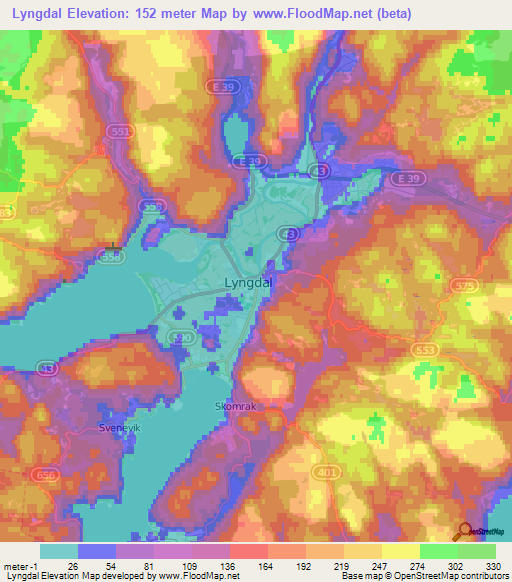 Lyngdal,Norway Elevation Map