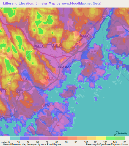 Lillesand,Norway Elevation Map