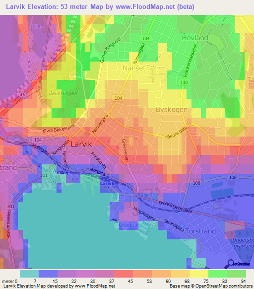 Larvik,Norway Elevation Map