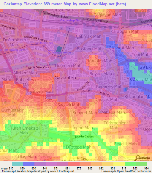 Gaziantep,Turkey Elevation Map