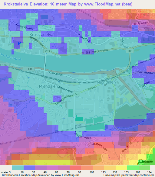 Krokstadelva,Norway Elevation Map