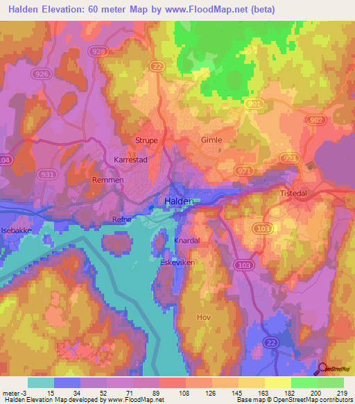 Halden,Norway Elevation Map