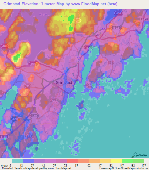 Grimstad,Norway Elevation Map