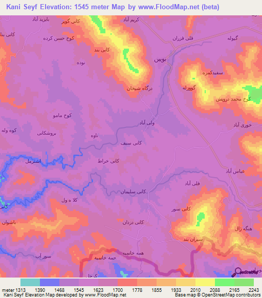 Kani Seyf,Iran Elevation Map