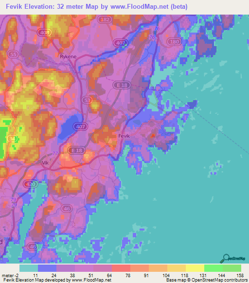 Fevik,Norway Elevation Map