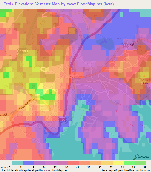 Fevik,Norway Elevation Map