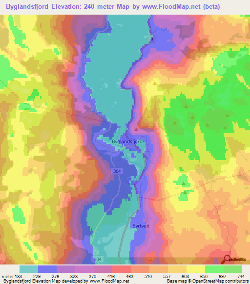 Byglandsfjord,Norway Elevation Map