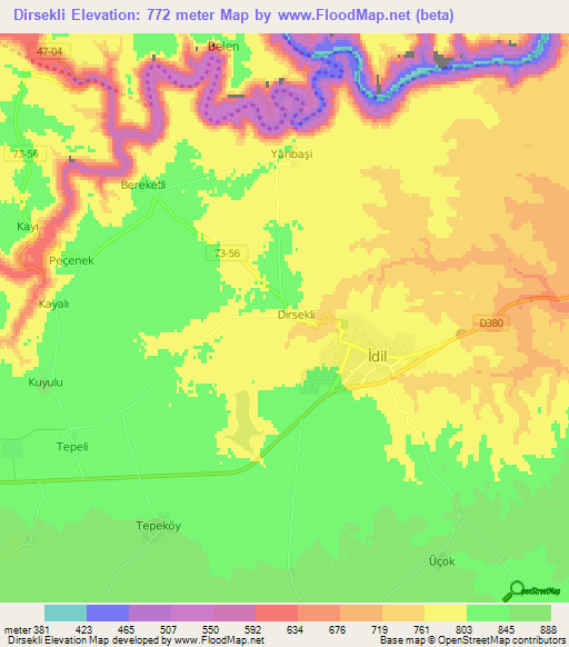 Dirsekli,Turkey Elevation Map